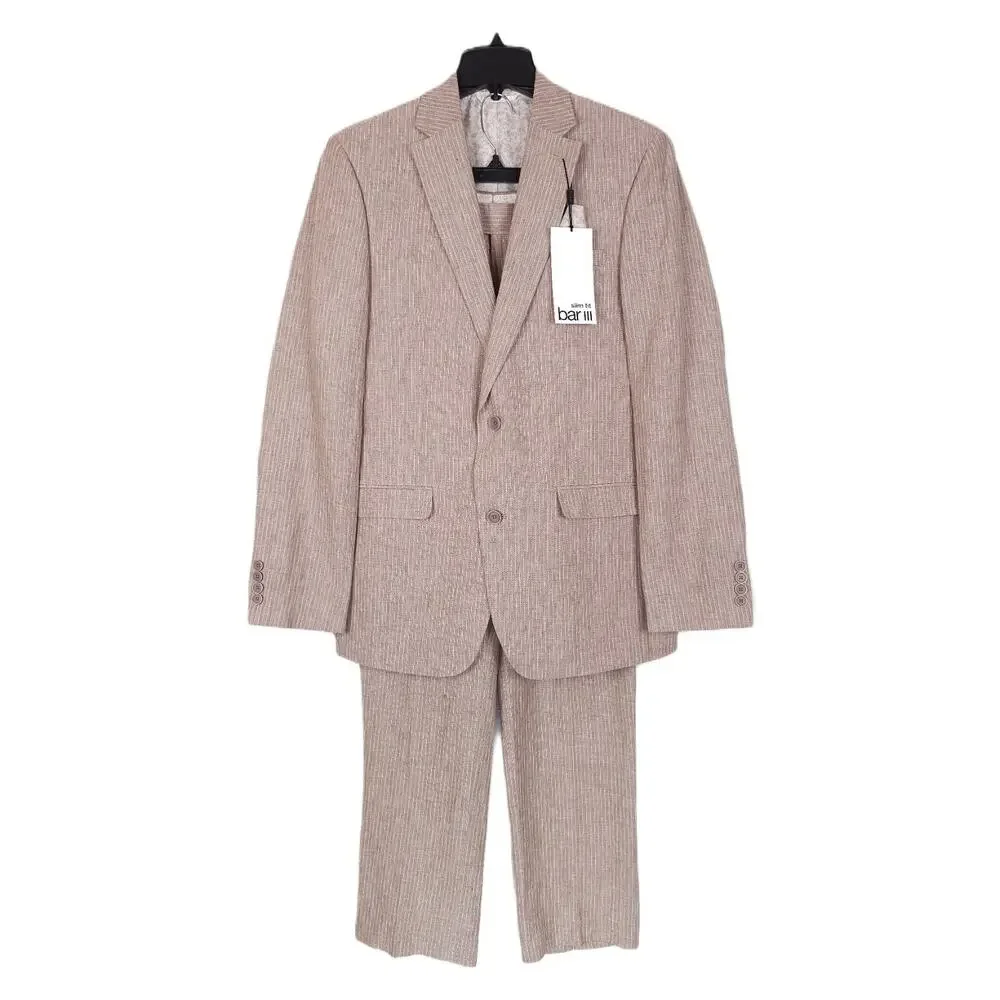 Bar III Mens Slim Fit 2 Piece Linen Suit 38L 31x32 Tan Pinstripe NWT